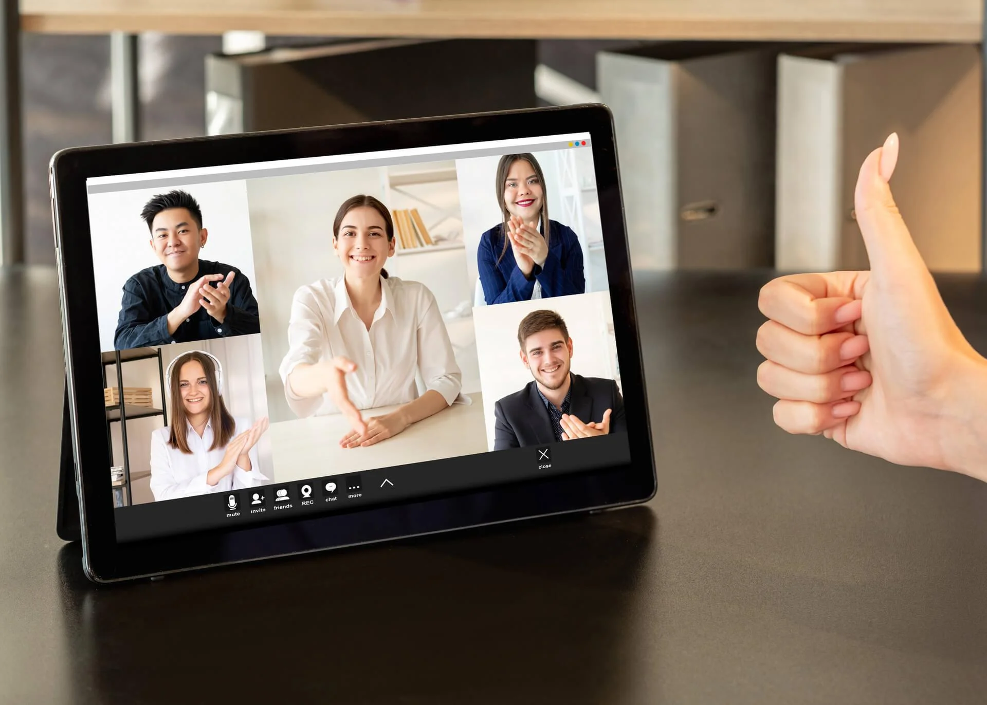 video call with people thanking the presenter