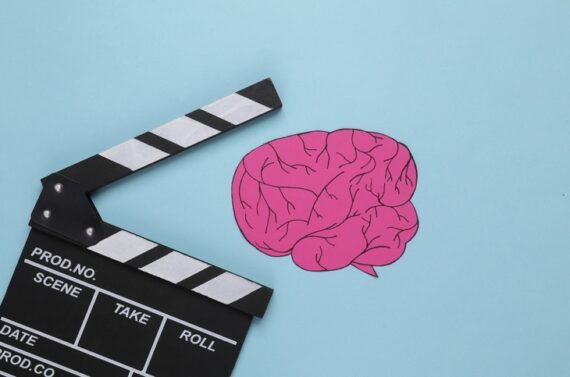 movie-clapperboard-papercut-brain-on-blue